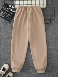 SHEIN 男童百搭休閒抓絨運動長褲 - 卡其色 - 查看 2