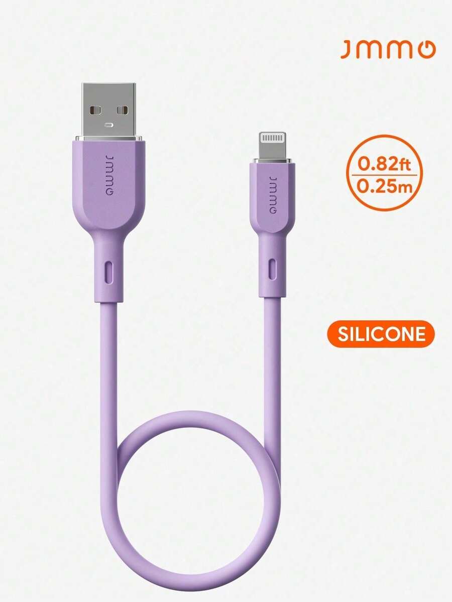 JMMO 矽膠 USB-A 轉 Lightning 充電線，USB 轉 Lightning 數據線 0.82FT/0.25M [MFi 認證]，相容 iPhone 16/16 Plus/16 Pro/16 Pro Max - 紫色 - 查看 1