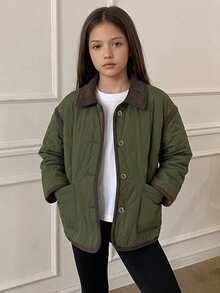 Dazy Kids Mantel Kasual Musim Dingin Harian Berlapis Kancing Tunggal Blok Warna untuk Remaja Perempuan - Hijau Tentara - View 1