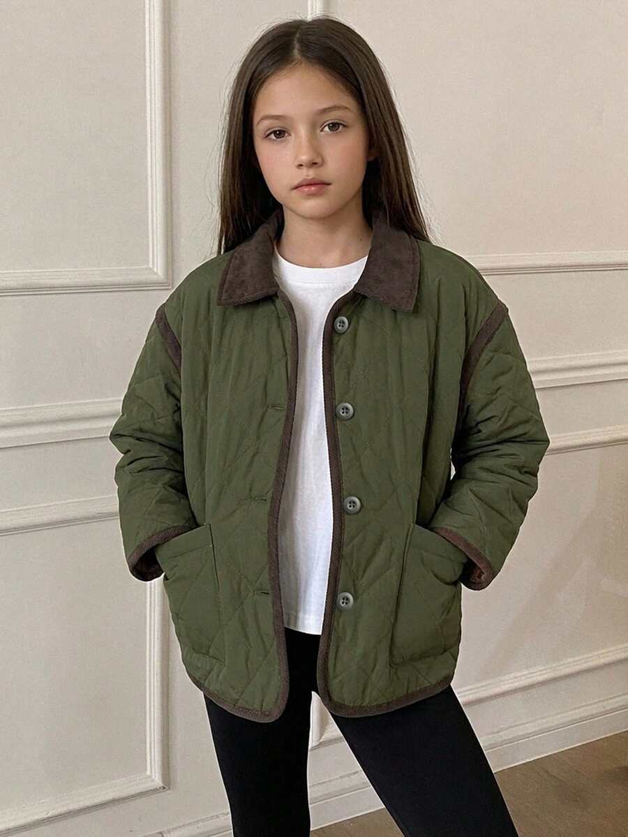Dazy Kids Mantel Kasual Musim Dingin Harian Berlapis Kancing Tunggal Blok Warna untuk Remaja Perempuan - Hijau Tentara - View 1