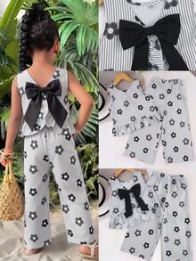 Young Girl Woven Striped Floral Print Round Neck Casual Tank Top And Long Pants Set - Black and White - View 1