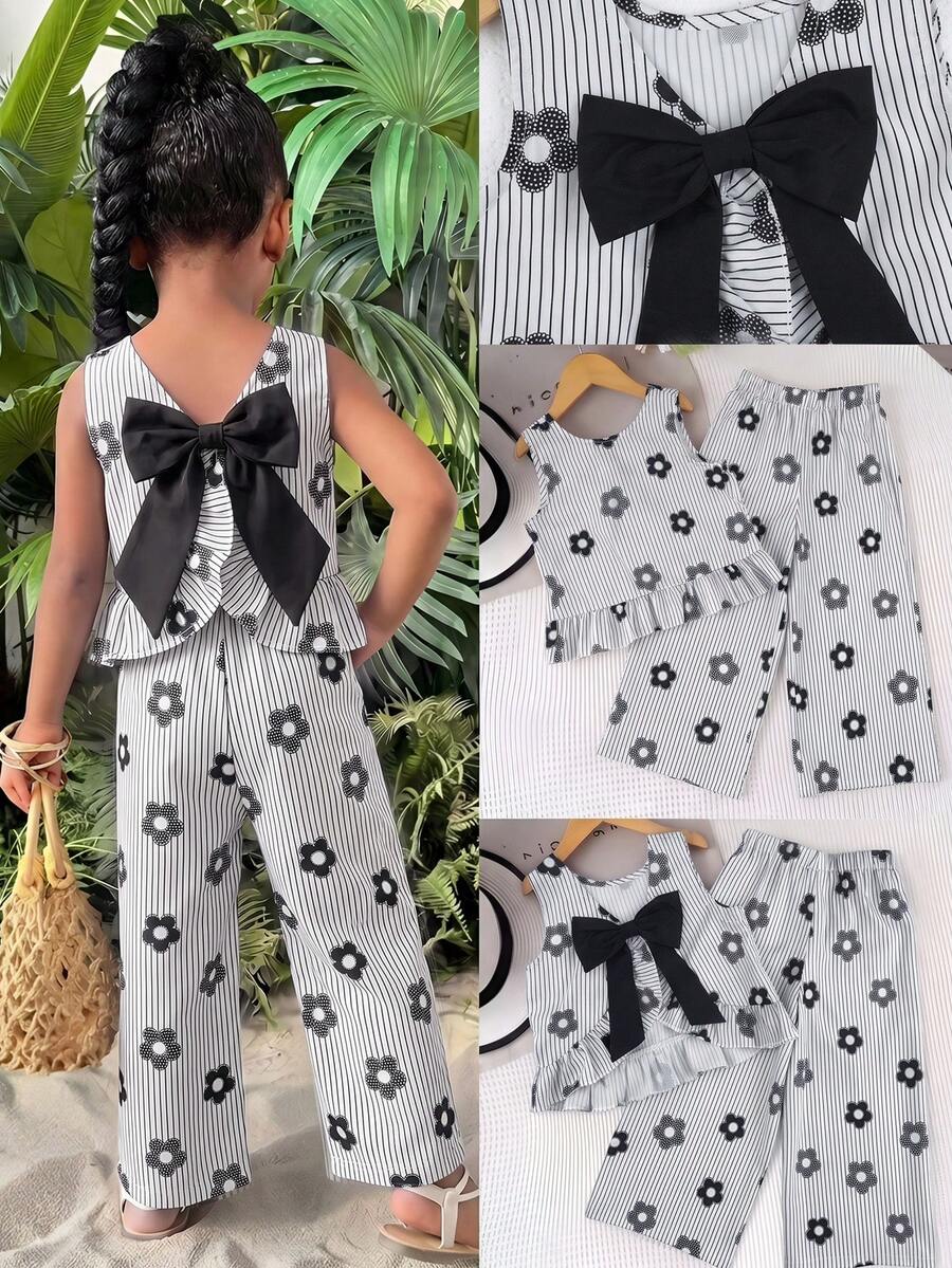 Young Girl Woven Striped Floral Print Round Neck Casual Tank Top And Long Pants Set - Black and White - View 1