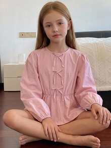 Hapijoa Tween Girls Round Neck Pullover Bow Decor Long Sleeve Autumn Waist-Cinching Blouse - Pink - View 4