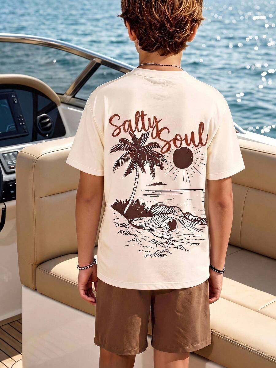 SHEIN 2pcs Tween Boy Coconut Tree Print Short Sleeve Shirt And Solid Color Shorts Set, Suitable For Daily Casual, Vacation, Sports, Travel, Summer - Khaki - View 1