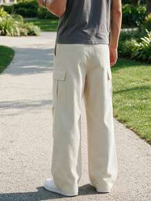 Manfinity Dauomo Men's Solid Color Drawstring Waist Cargo Wide Leg Loose Fit Long Pants - Apricot - View 7