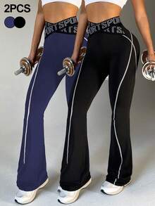 Velisys Velisys 2PCS Black Navy Blue 2 Pieces Set Women's Sports Pants, Cross Sport Slogan Elastic Waistband Color Block Line Split Flare Leg Pants, Yoga, Gym, Summer - Multicolor - View 1