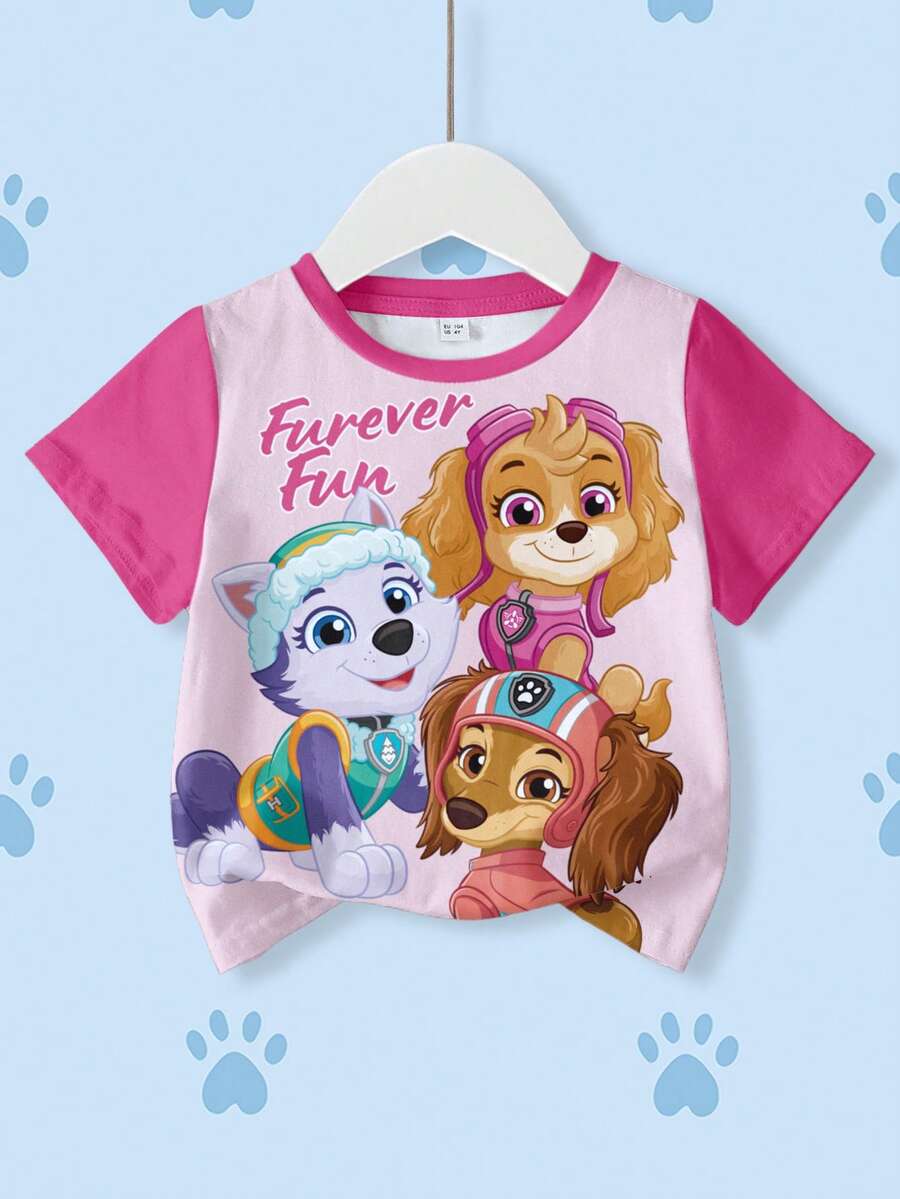 SHEIN | PAW Patrol 少女夏季拼色狗狗印花短袖T恤 - 白色 - 查看 1
