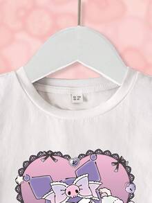 HELLO KITTY AND FRIENDS | SHEIN 女婴休闲可爱卡通图案圆领短袖上衣，夏季 - 白色 - 查看 3