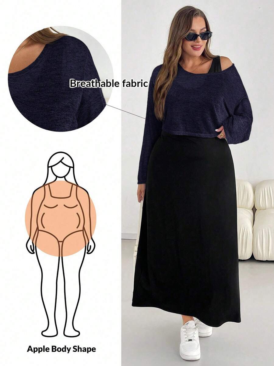 SHEIN Essnce Plus Size Women Solid Color Asymmetric Neck Long Sleeve Top And Skirt Casual Daily 2-Piece Set Fall