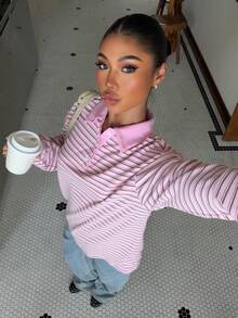 Muchica Pink Striped Thick And Comfortable Knitted Women's Polo Collar Long-Sleeved T-Shirt, Casual Top, Perfect For Back-To-School Season. - Pink - View 5
