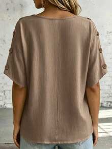 SHEIN LUNE CURVE 大尺碼女款純色V領鈕扣設計短袖休閒襯衫 - 摩卡棕 - 查看 2