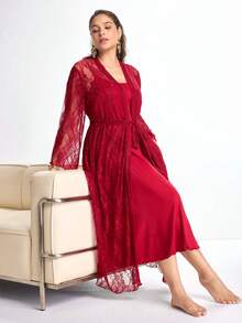 Slumbrini Elegant Lace Sheer Robe & Slit Cami Nightgown Plus Size Sleepwear Set For Women - Red - View 10