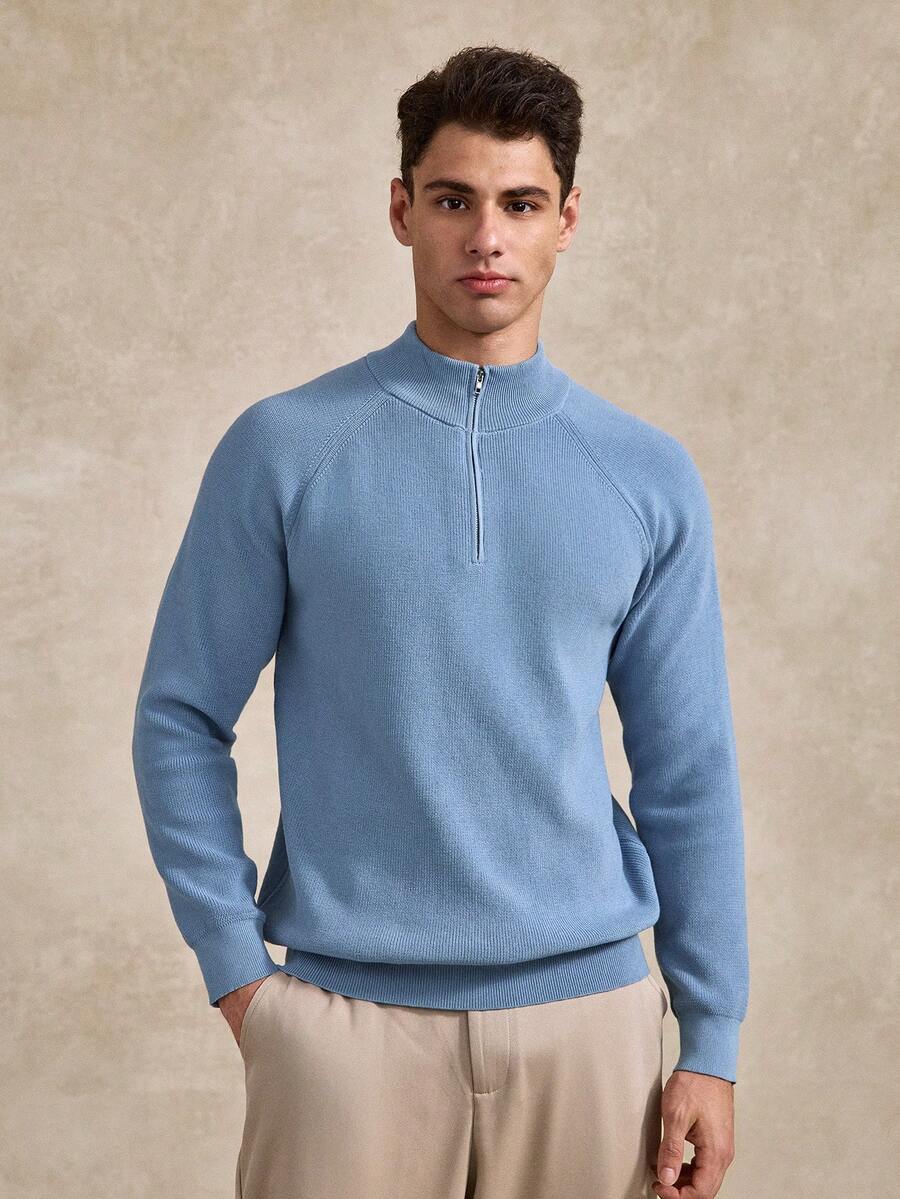 Courvante Men's Minimalist Solid Color Ribbed Knit Half-Zip Raglan Sleeve Sweater, Autumn/Winter Quarter Zip Men Mock Neck Golf, Tennis - Baby Blue - View 1