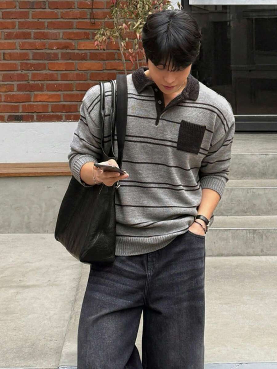 DAZY Spring/Autumn Grey Body Black Striped Jacquard Collar Contrast Color Polo Neck Men's Sweater - Grey - View 1