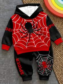 嬰兒幼兒連帽休閒舒適運動衫套裝，經典黑紅蜘蛛圖案印花、經典蜘蛛網圖案印花、蜘蛛文字圖案印花，適合秋冬穿著 - 彩色 - 查看 3