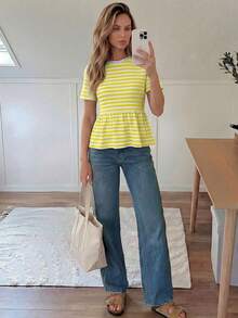 Easowa Spring/Summer White And Yellow Striped Short Sleeve Round Neck Doll Style Women's T-Shirt Brunch Cute - Yellow - View 5