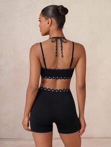 Lumalex 2pcs Comfortable Fabric & Fashion Design Sexy Minimalist Solid Color Patchwork Polka Dot Fabric Sports Tank Top And Shorts, Designed For Women, Suitable For Airport Outfits And Gym Workouts, Slim Fit Style To Showcase Women's Body, Ideal Choice For Women's Gym Workouts - Black and White - View 4