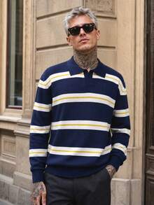 Manfinity LEGND Men's Colorblock Striped Pattern Casual Versatile Daily Wear Sweater, Old Money - Blue - View 7