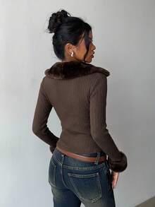 Aloruh Women's Autumn/Winter Faux Fur Patchwork Design Fur Collar Y2K New Retro Street Fashion Jacket - Coffee Brown - View 2
