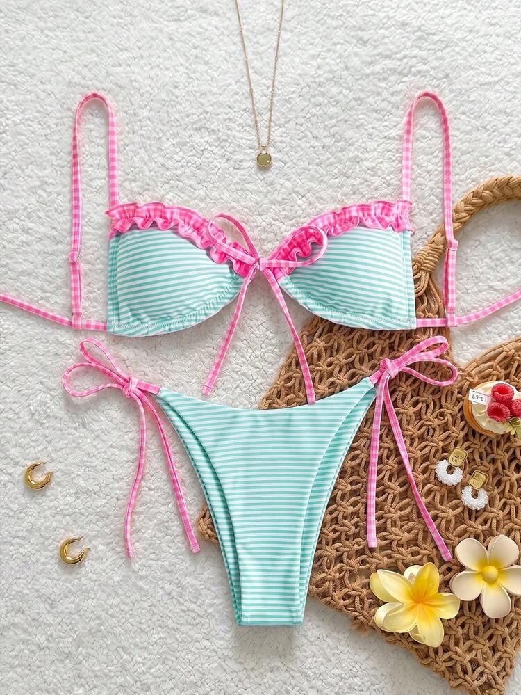 Swim Vcay New Spring/Summer Beach Pool Party Vacation Fashion Sexy Cute Polka Dot Print Ruffle Drawstring Spaghetti Strap Bikini Two-Piece Swimwear For Women - Mint Green - View 4