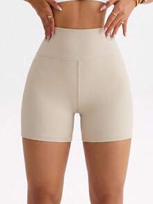 Core Rhythm New Summer Women's Solid Color Matte High Waist Seamless 3/4 Length Sports Shorts, High Elasticity Skin-Friendly Tummy Control Non-Rolling Yoga Cycling Workout Shorts - Beige - View 2