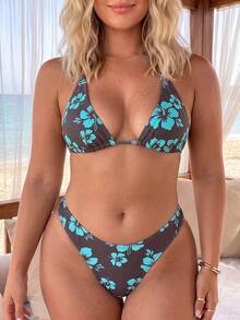 Swim Mod Plus Size Women Summer Beach Floral Print Halter Tie Sexy Bikini And Triangle Bottom Two-Piece Swimsuit Set - Multicolor - View 5