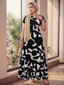 SHEIN Lady 女士几何印花圆领短袖优雅连衣裙 - 彩色 - 查看 5