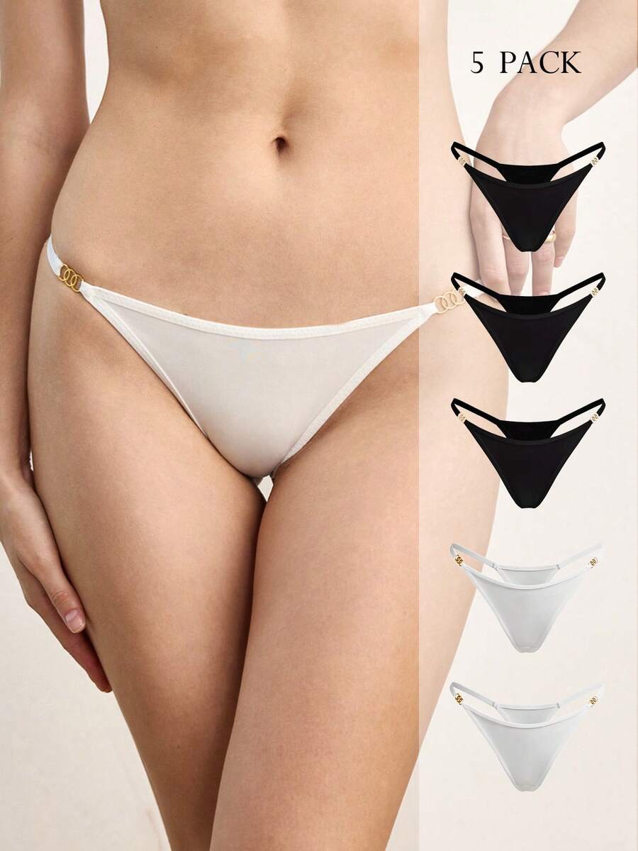 Ocili 5条/包 女士性感金属链条装饰纯色低腰丁字裤 - 彩色 - 查看 1