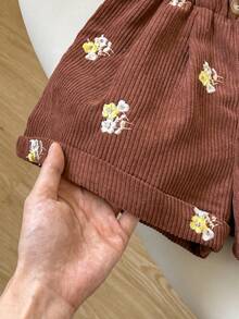SHEIN 少女時尚刺繡鈕扣休閒短褲，適合日常穿著 - 鏽棕色 - 查看 4