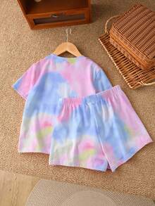 SHEIN Leap Crew 2 件扎染脸花、心、豹纹休闲少女短袖上衣和短裤套装，适合夏季、海边、复古风格、休闲度假风格、可爱的 Y2K 椰子女孩波西米亚音乐节、夏季 - 彩色 - 查看 3