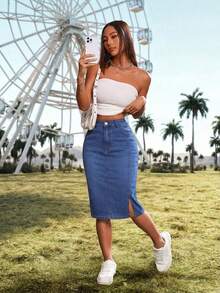 SHEIN ICON Women's Casual Denim Skirt With Side Slit Hem And Pockets - Dark Wash - View 4