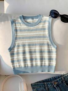 SHEIN EZwear 優雅藍白條紋針織短版背心，軟妹風 Y2K 復古，適合約會、校園、度假 - 彩色 - 查看 6