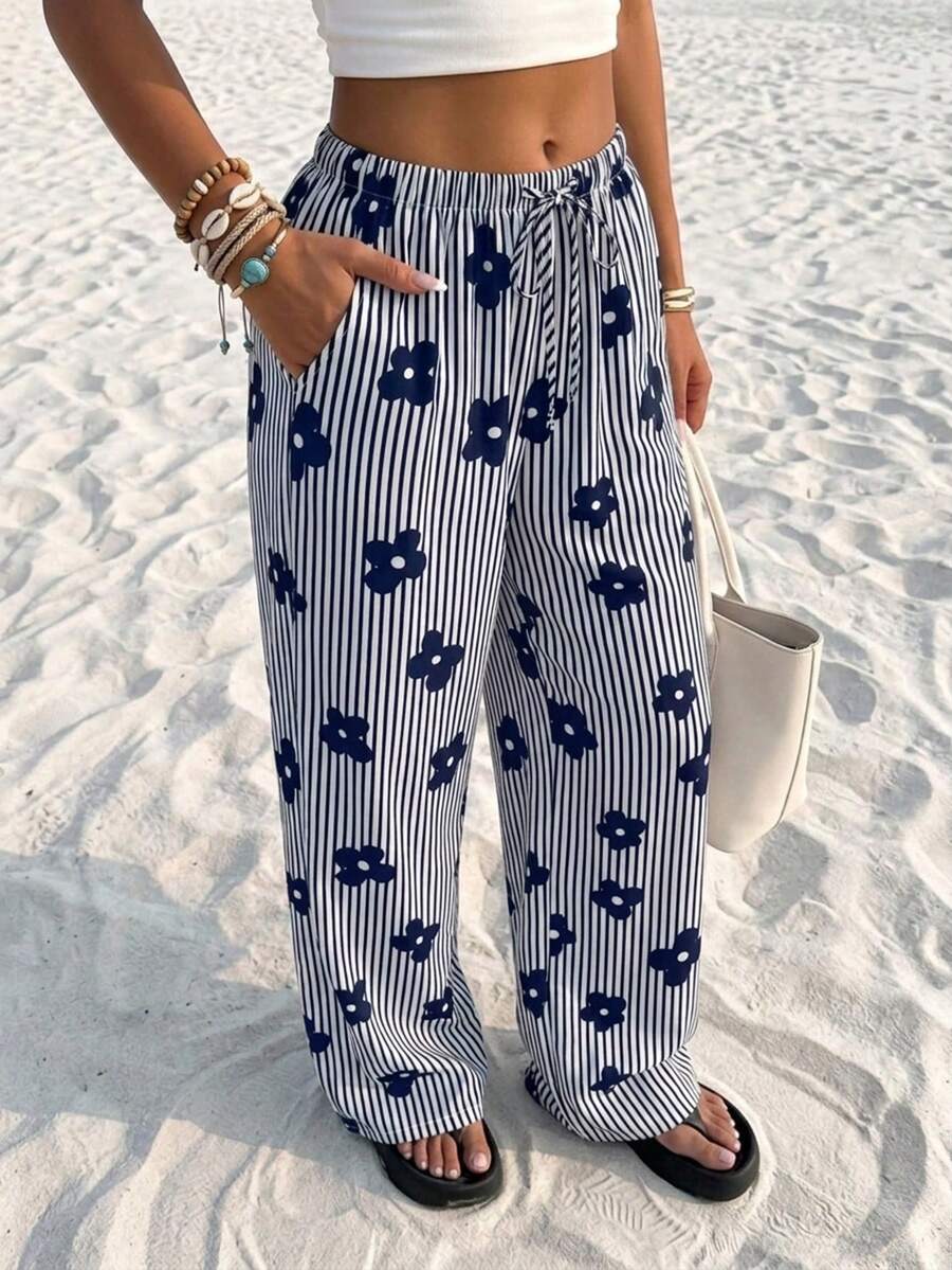 SHEIN 青少年女孩休閒極簡條紋花卉印花海軍藍寬鬆長褲,適合日常休閒通勤、度假、音樂節,海軍藍花卉印花長褲 - 藏蓝色 - 查看 1
