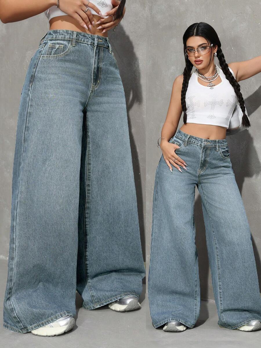 SHEIN Tall 女款時尚百搭鈕扣口袋寬鬆寬腿牛仔褲 - 淺色水洗藍 - 查看 1