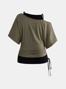 ROMWE Grunge Punk Casual Punk Print Loose Asymmetrical Shoulder 2 In 1 Plus Size T-Shirt - Green - View 2