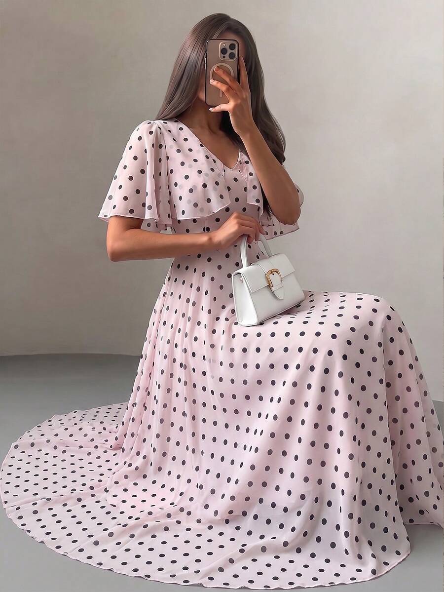 Modelyn 女款V領大翻領收腰A字波點印花洋裝