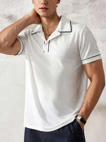 TONEVAULT Men's Casual Button Half Placket Ribbed Short Sleeve Contrast Color T-Shirt - White - View 5