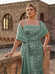 Serin Plus Size Elegant Luxurious Beaded Bubble Diamond Embroidered Lace Applique Patchwork Stretch Knit Mesh Sheer Sleeve Ruched Long Dress Suitable For Wedding Events, Bachelorette Party, Vacation, Ball, Holiday, Bridal Mother Evening Gown (Heavy Workmanship) - Green - View 1