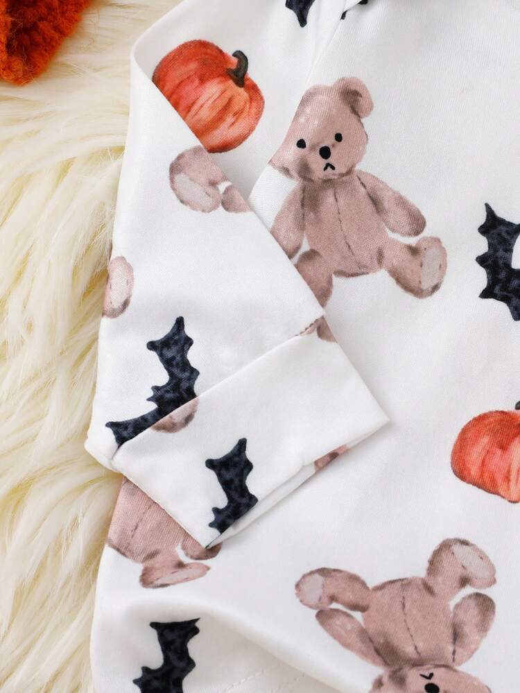 2 Pieces Newborn Long Sleeve Pants Cute Bear Pumpkin All-Over Print, Knitted Comfortable Loungewear, Best Gift For Newborns, Home Wear, Versatile Fashion, Best Choice - Multicolor - View 6
