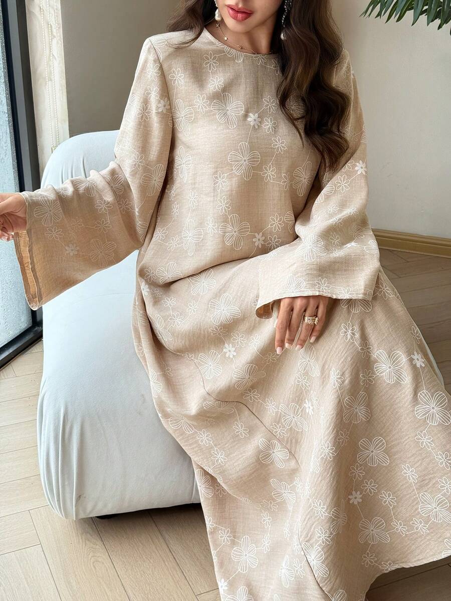 Yasmyna Spring/Autumn Round Neck Rubber Print Khaki Dress Saudi National Day Female Country Look Fall/Winter