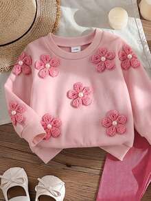 SHEIN Playful Pals 2件組女嬰春秋淺粉豆沙粉甜美溫柔風 3D鉤花圓領長袖上衣與直條紋修身長褲套裝，寬鬆舒適，適合日常外出、戶外玩耍、家庭聚會、1歲生日派對、拍照拍攝 - 玫紅色 - 查看 4
