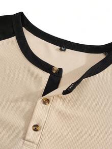 Manfinity Homme Men's Contrast Color Button Half-Placket Long Sleeve Top And Pants Set - Beige - View 4