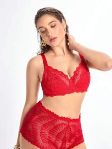 Slumbrini 1件女款大尺碼蕾絲拼接舒適鋼圈內衣 紅色 - 紅色 - 查看 4