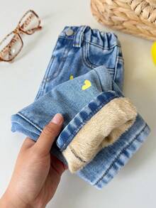 SHEIN LMoss Kids 女嬰秋冬彩色愛心圖案藍色丹寧刷毛內裡寬鬆錐形長褲 - 中等水洗藍 - 查看 1