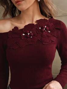 Anewsta Women's Autumn/Winter 3D Floral Embroidered Beaded Rhinestone Fitted Skin-Friendly Cold Shoulder Asymmetric One-Shoulder Knit T-Shirt Top - Red Violet - View 1