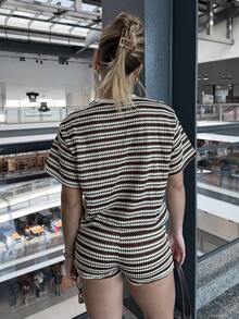 BiaLiraa Loose Fit Round Neck Short Sleeve Casual Coffee Brown Striped T-Shirt, Summer - Coffee Brown - View 2