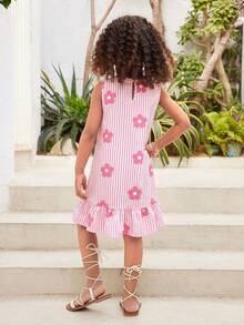SHEIN Young Girl Young Girl Kids Young Girl Young Girl Young Girl Vacation Casual Fashion Woven Printed Round Neck Sleeveless Dress - Watermelon Pink - View 2