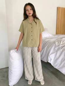 DAZY 少女純色單排扣短袖上衣與長褲休閒日常居家睡衣套裝 - 黃色 - 查看 5