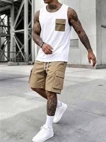 Manfinity Homme Men's Spring/Summer Colorblock Mature Casual Tank Top & Shorts Set - Khaki - View 3