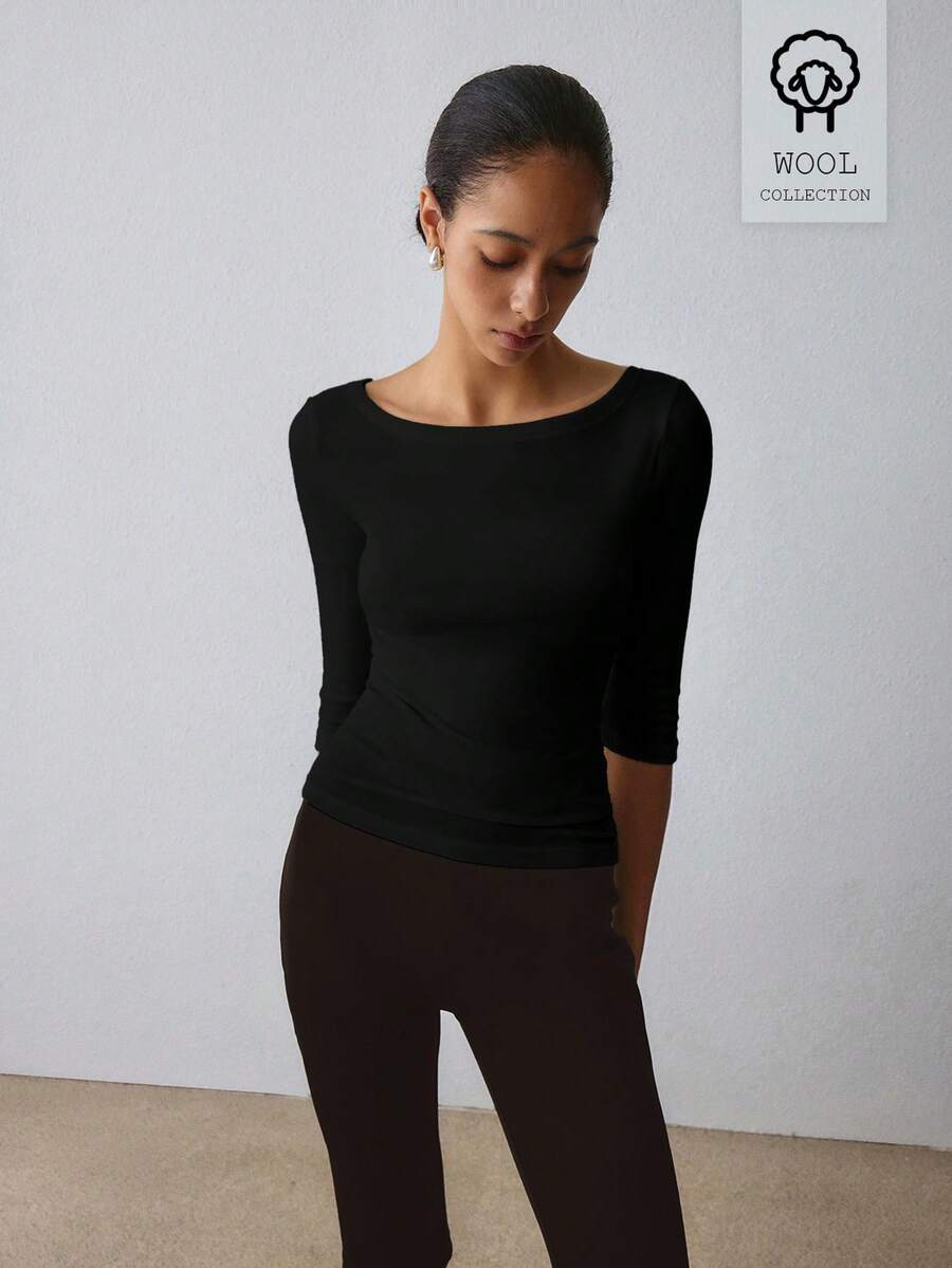 ATUI Studio Women's Casual Versatile Solid Color Fitted T-Shirt - Black - View 1